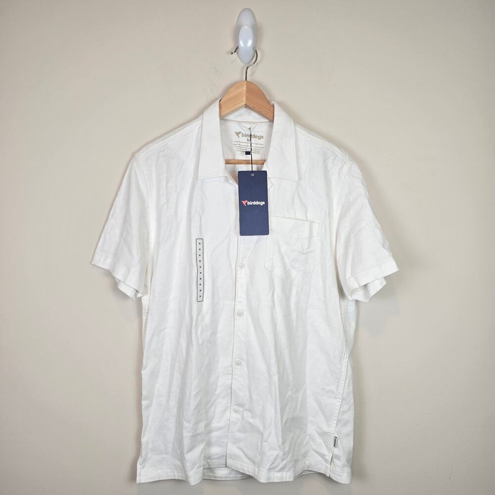 Birddogs Tech Linen Shirt Size M Mens Bright White Button Up Short Sleeve Golf